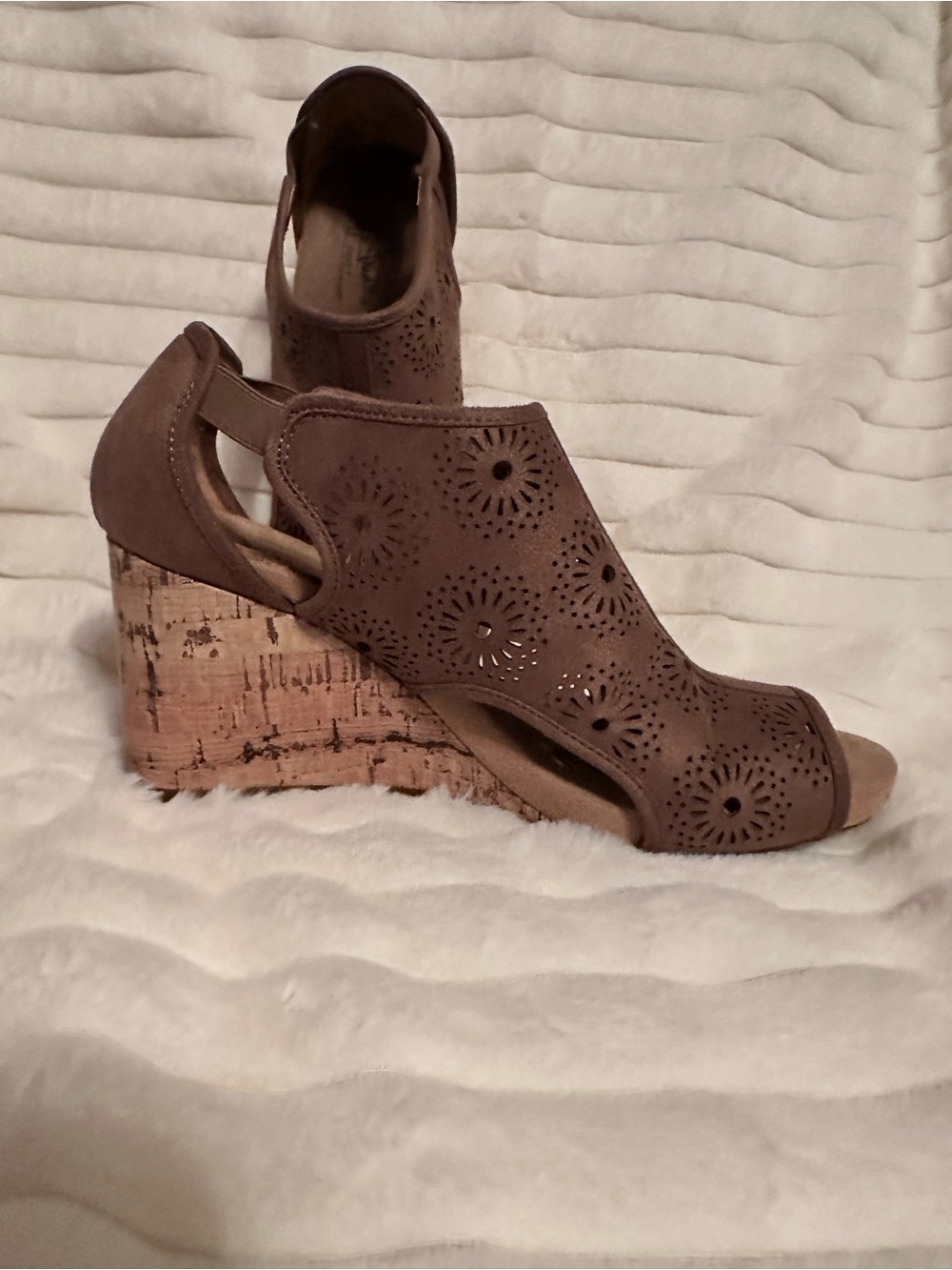Life Stride Brown Laser-Cut Peep-Toe Cork Wedge Sandals - Picture 2 of 5